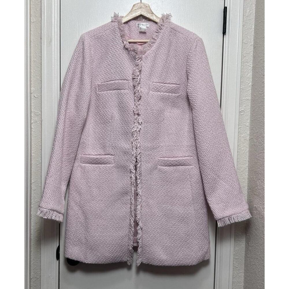 Venus Open Front Tweed Fringe Jacket, light pink Long size medium Size 8 Career - Picture 5 of 12